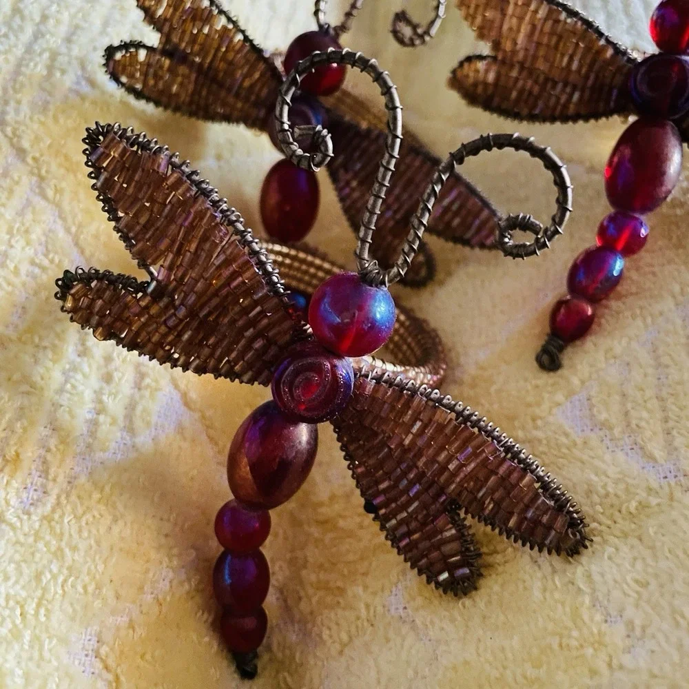 3 Pier One Beaded Dragonfly Napkin Rings ‎ Gold Wire Wings & Red Glass Beads